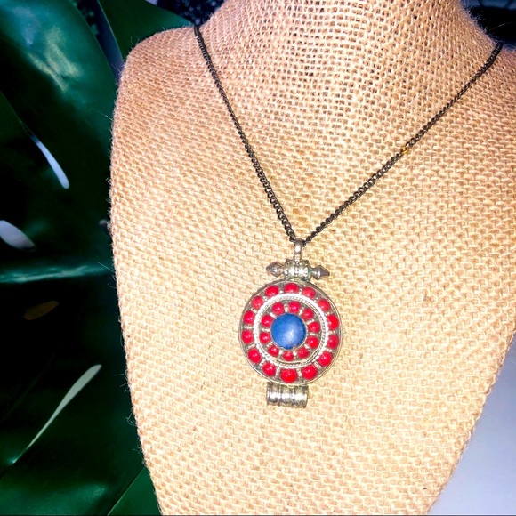 Vintage Silver and Blue & Red Stone Necklace - Picture 1 of 5